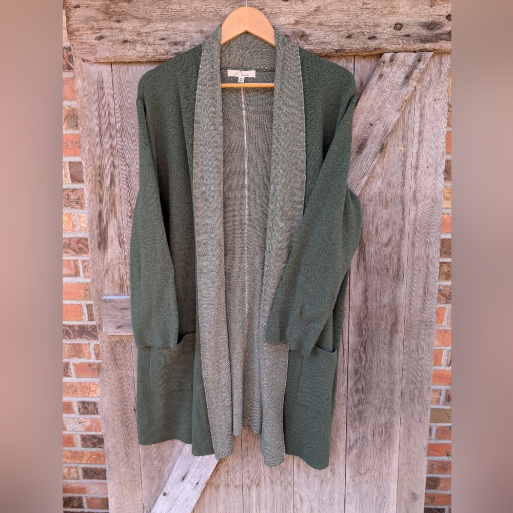 Relaxed Open-Front Olive Green Cardigan with Heathered Trim
